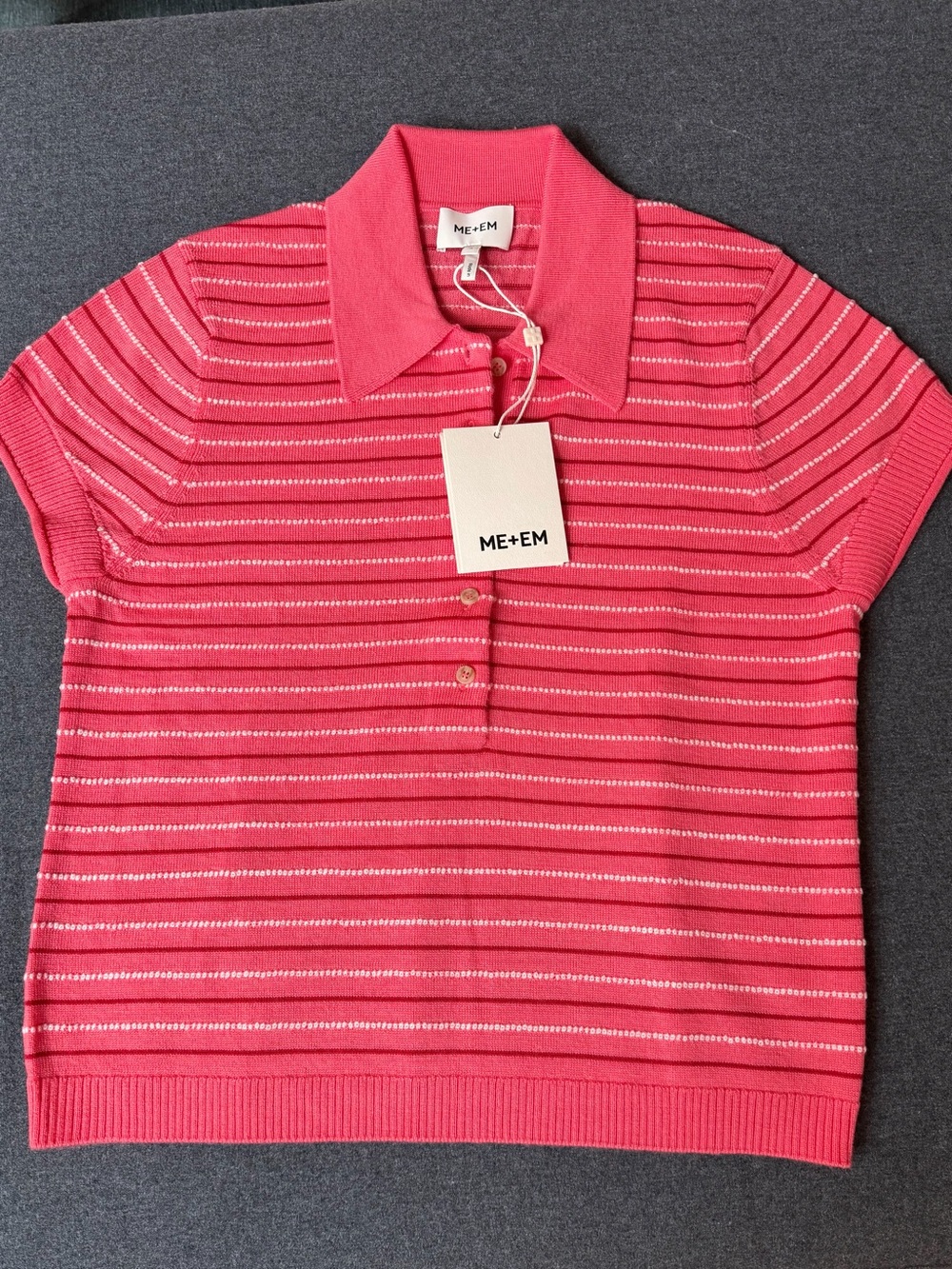 ME+EM Textured Stripe Straight Polo Tee in CandyCoral
